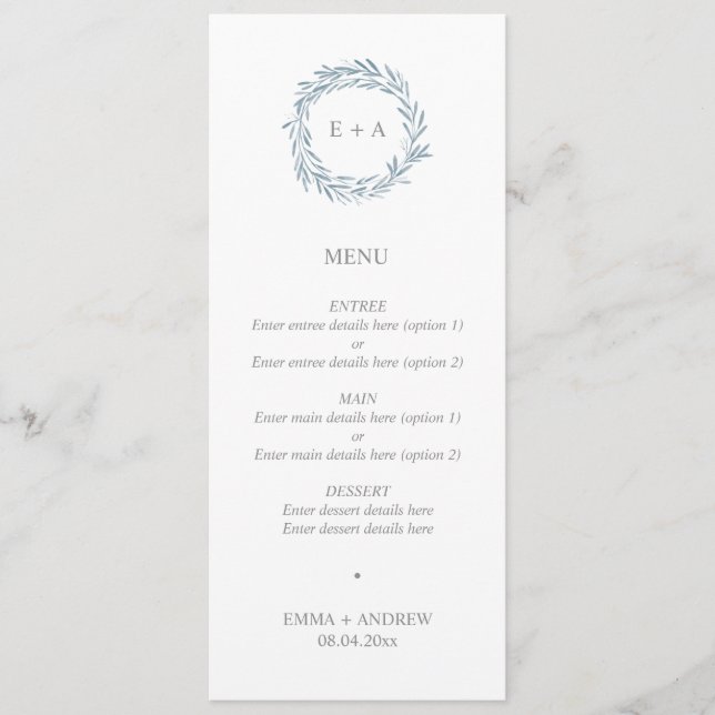 Elegant Blue Wreath Monogram Wedding Menu (Front)