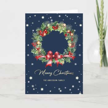 Elegant Blue Wreath Photo Merry Christmas Card by palettepaperco at Zazzle