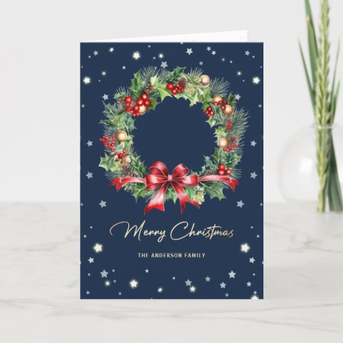 Elegant Blue Wreath Photo Merry Christmas Card
