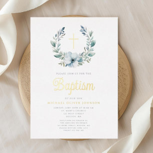 Elegant Blue Wreath Religious Cross Boy Baptism Foil Invitation