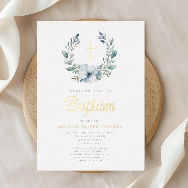 Elegant Blue Wreath Religious Cross Boy Baptism Foil Invitation (Elegant Blue Wreath Religious Cross Boy Baptism Foil Invitation)