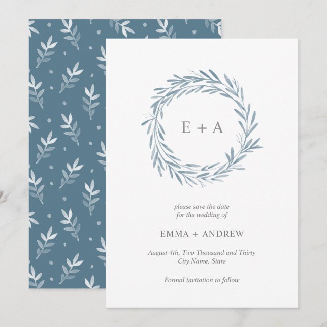 Elegant Blue Wreath Save the Date - Back Pattern Invitation (Front/Back)