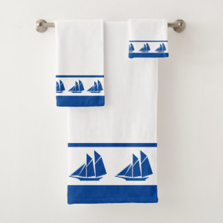 Elegant Blue Yacht on White Bath Towel Set