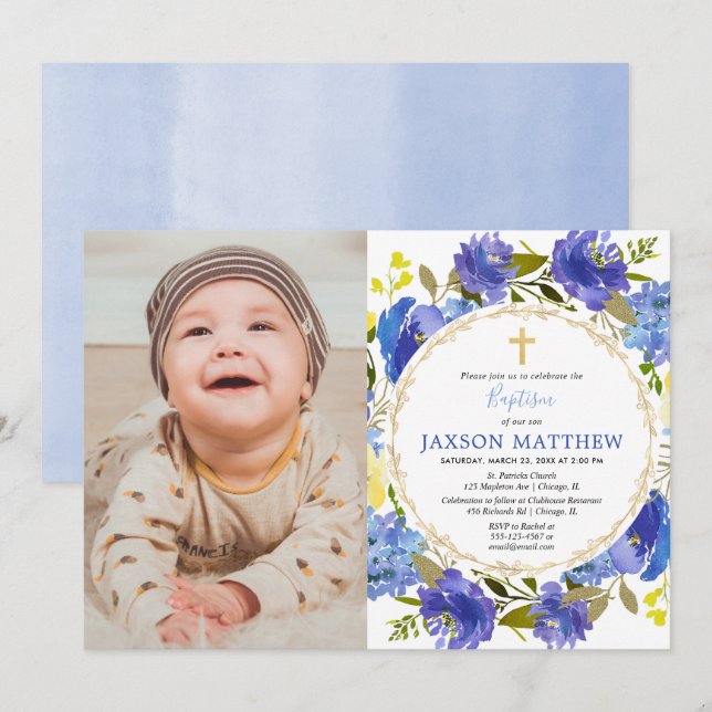 Elegant blue yellow baptism photo invitations (Front/Back)