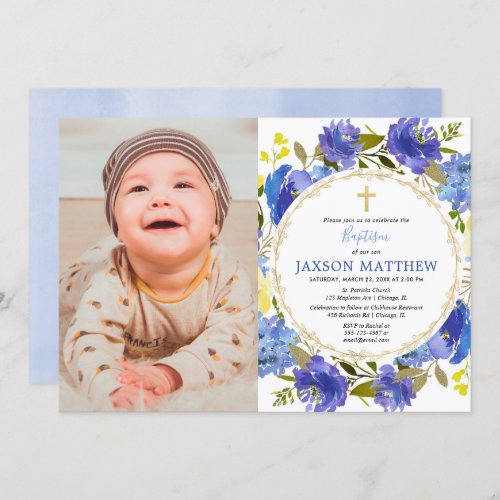 Elegant blue yellow baptism photo invitations