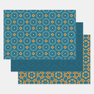 Elegant Blue & Yellow Ethnic Geometric Patterns Wrapping Paper Sheets