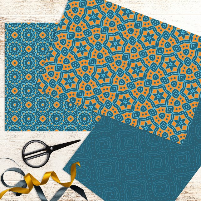 Elegant Blue & Yellow Ethnic Geometric Patterns Wrapping Paper Sheets (Creator Uploaded)