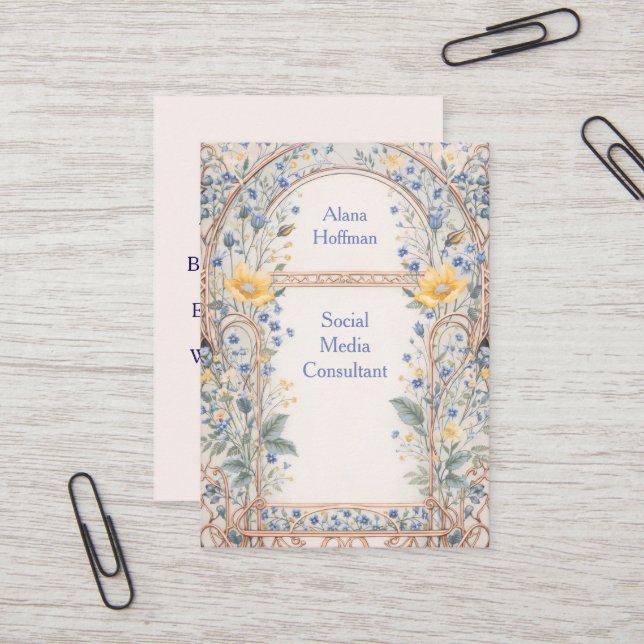 Elegant Blue & Yellow Floral Arch Business Card (Front/Back In Situ)