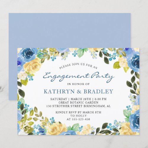 Elegant Blue Yellow Floral Engagement Party Card