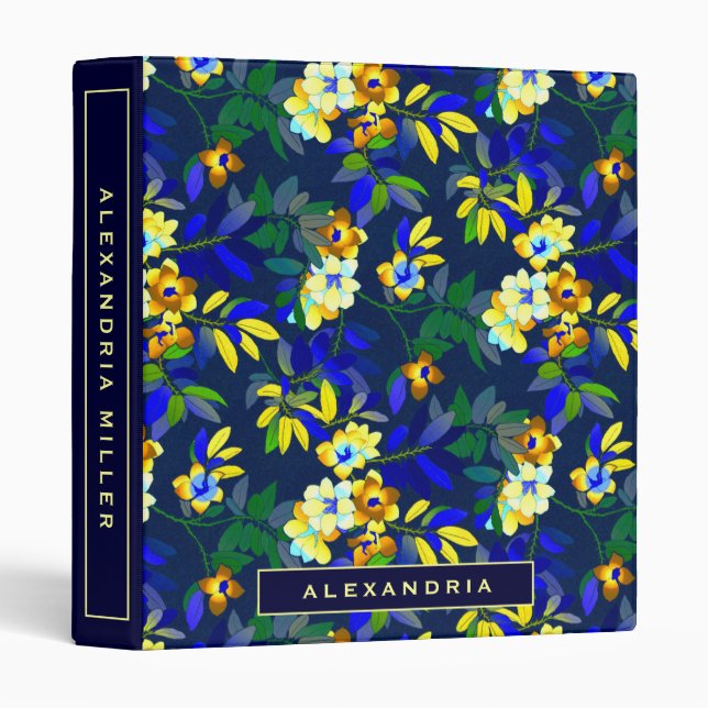 Elegant Blue & Yellow Floral | Personalized 3 Ring Binder (Front/Spine)