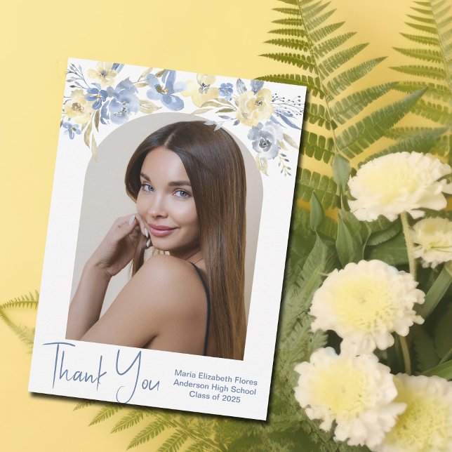 Elegant Blue Yellow Floral Photo Graduate Thank You Card (Creator Uploaded)