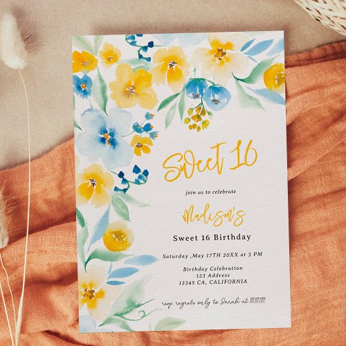 Elegant blue yellow floral watercolor Sweet 16 Invitation