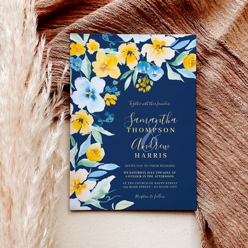 Elegant blue yellow floral watercolor wedding invitation