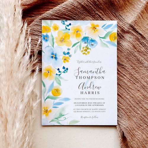 Elegant blue yellow floral watercolor wedding invitation