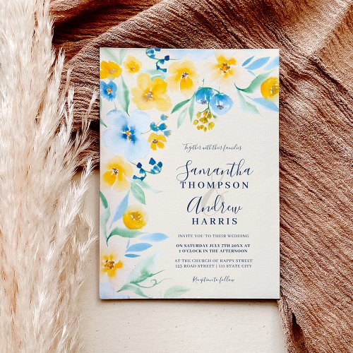 Elegant blue yellow floral watercolor wedding invitation