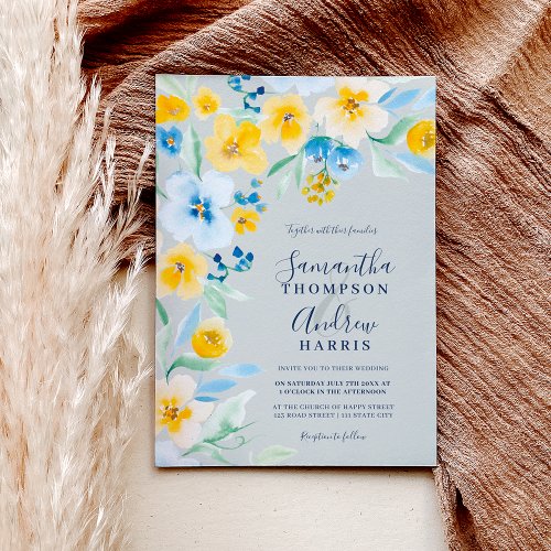 Elegant blue yellow floral watercolor wedding invitation