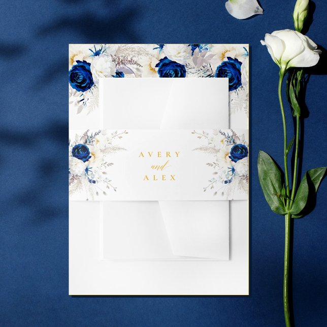 Elegant Blue & Yellow Flowers Calligraphy Wedding Invitation Belly Band (Creator Uploaded)