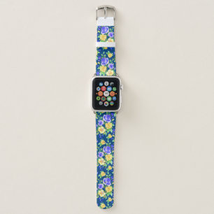 Elegant Blue Yellow Rose Floral Pattern Apple Watch Band