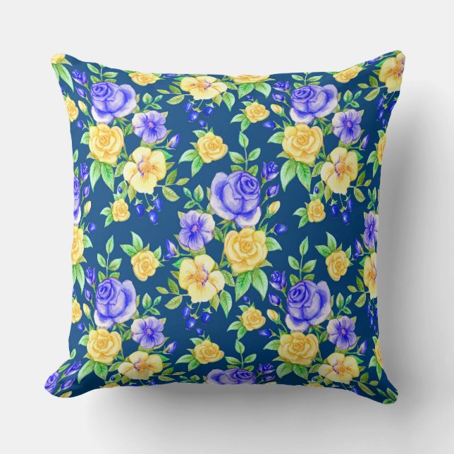 Elegant Blue Yellow Rose Floral Pattern Throw Pillow (Front)