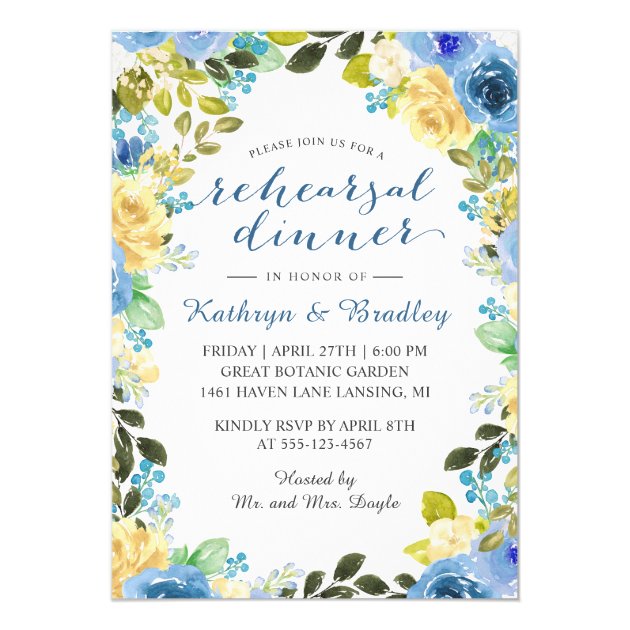 Elegant Blue Yellow Rose Garden Rehearsal Dinner Invitation