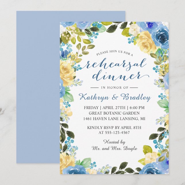 Elegant Blue Yellow Rose Garden Rehearsal Dinner Invitation (Front/Back)
