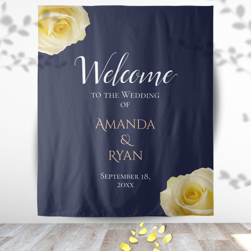 Elegant Blue Yellow Roses Floral Wedding Welcome Tapestry