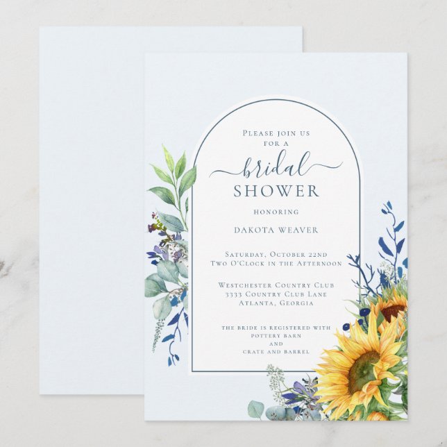 Elegant Blue Yellow Sunflower Bridal Shower  Invitation (Front/Back)