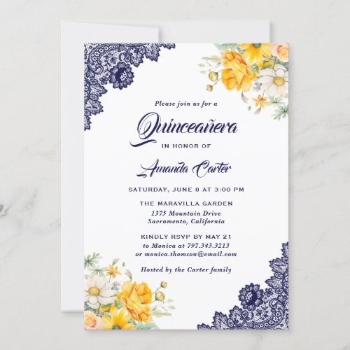 Elegant Blue Yellow White Floral Quinceaera Invitation