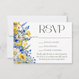 Elegant Blue Yellow Wildflowers QR Code Wedding RSVP Card