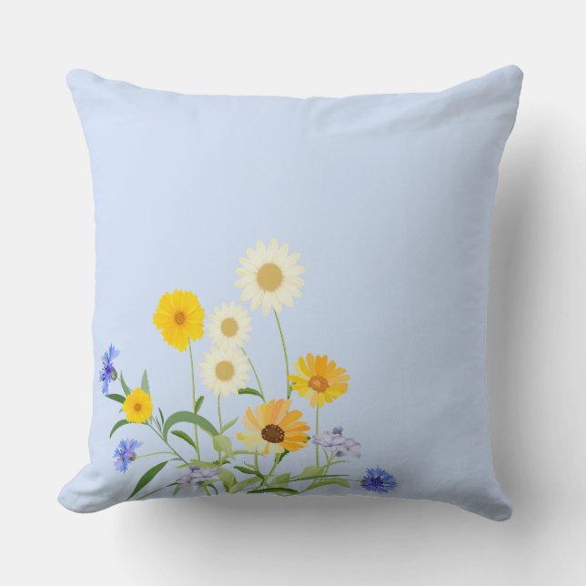 Elegant Blue Yellow Wildflowers Throw Pillow (Front)