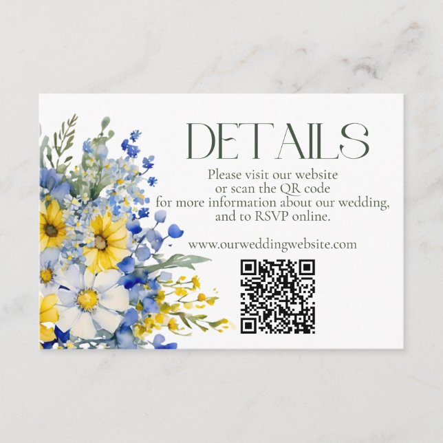 Elegant Blue Yellow Wildflowers Wedding Details QR Enclosure Card (Front)