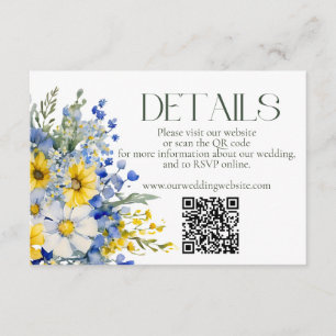Elegant Blue Yellow Wildflowers Wedding Details QR Enclosure Card