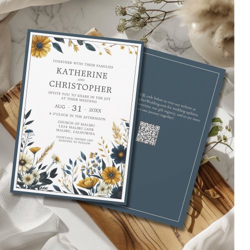Elegant Blue Yellow Wildflowers Wedding Invitation