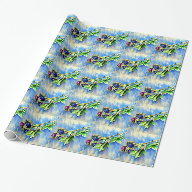 Elegant Blueberries watercolor painting Wrapping Paper (Unrolled)