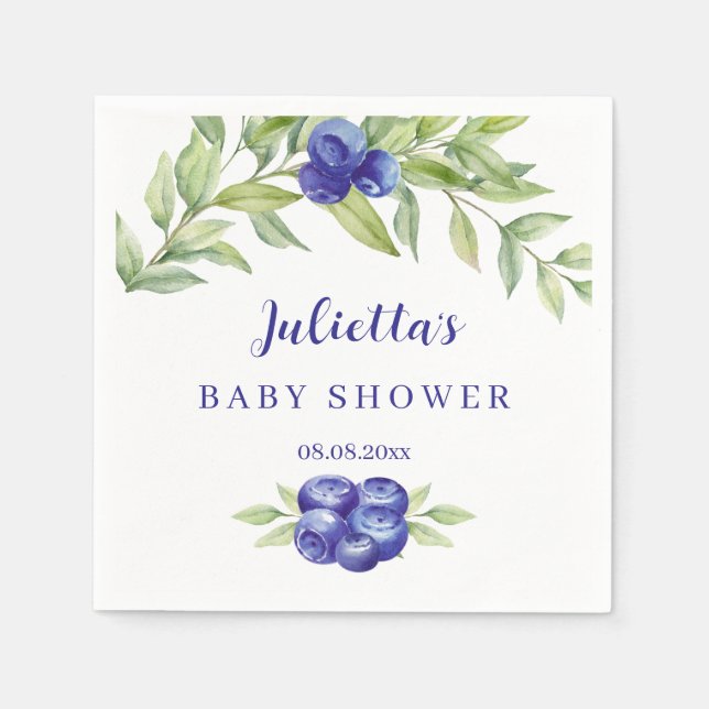 Elegant Blueberry and Greenery Foliage Baby Shower Napkins (Front)