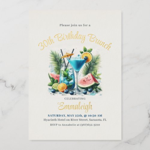 Elegant Blueberry Brunch 30th Birthday Celebration Foil Invitation