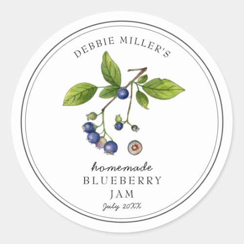 Elegant Blueberry on White Jam jar  Classic Round Sticker