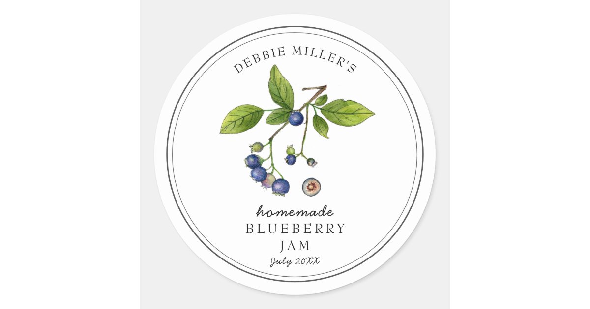 Elegant Blueberry on White Jam jar Classic Round Sticker | Zazzle