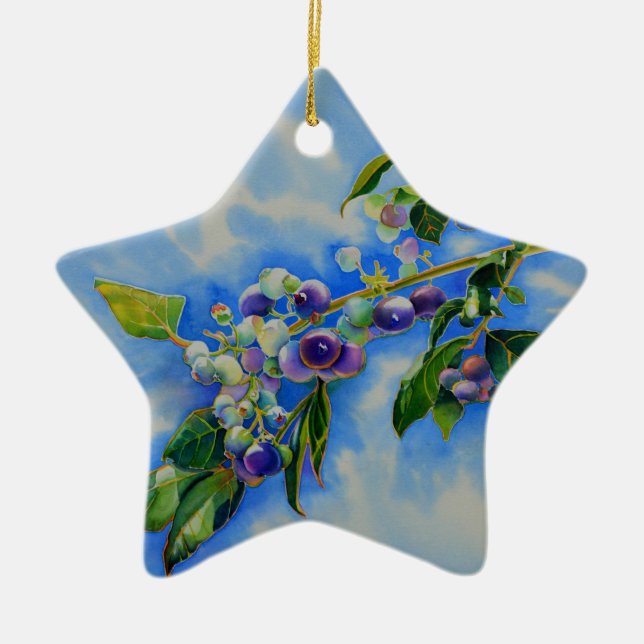 Elegant blueberry watercolor painting ceramic ornament (Front)