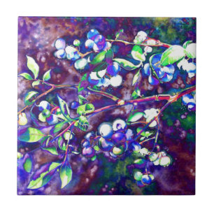 Elegant blueberry watercolor painting ceramic tile