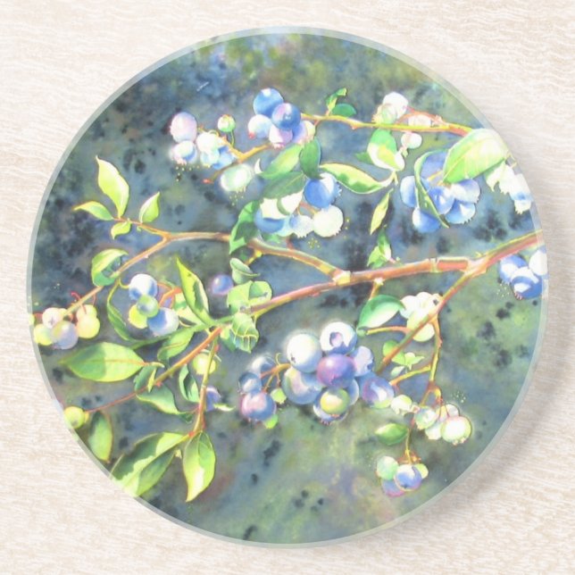 Elegant blueberry watercolor painting drink coaster (Front)