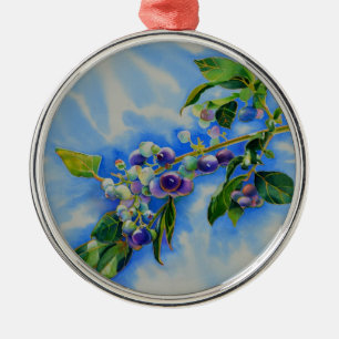 Elegant blueberry watercolor painting metal ornament