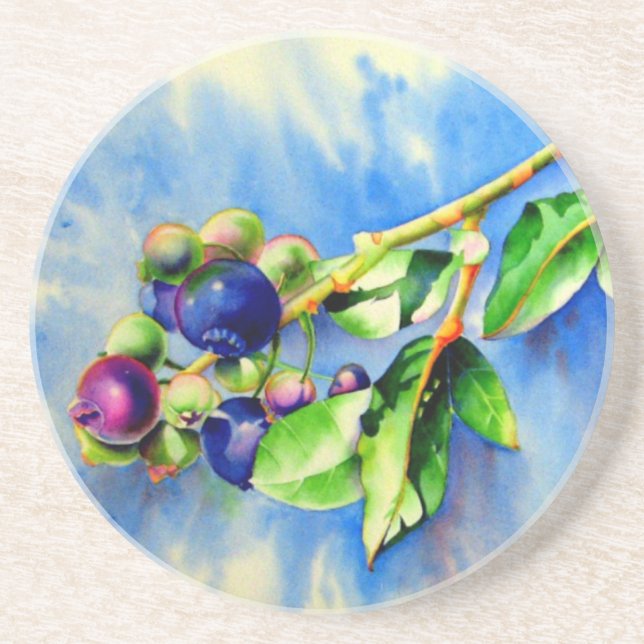 Elegant blueberry watercolor painting sandstone coaster (Front)