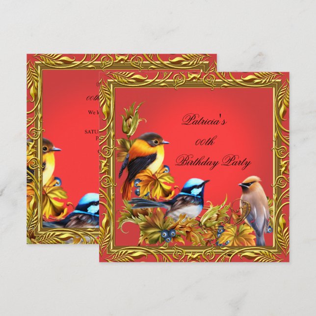 Elegant Bluebird Bird Red Gold Birthday Party Invitation (Front/Back)