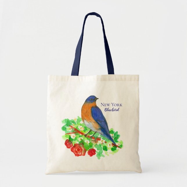 Elegant Bluebird Red Roses Watercolor Tote Bag (Front)