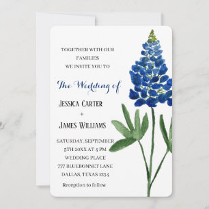 Elegant Bluebonnet Texas Watercolor Floral Wedding Invitation
