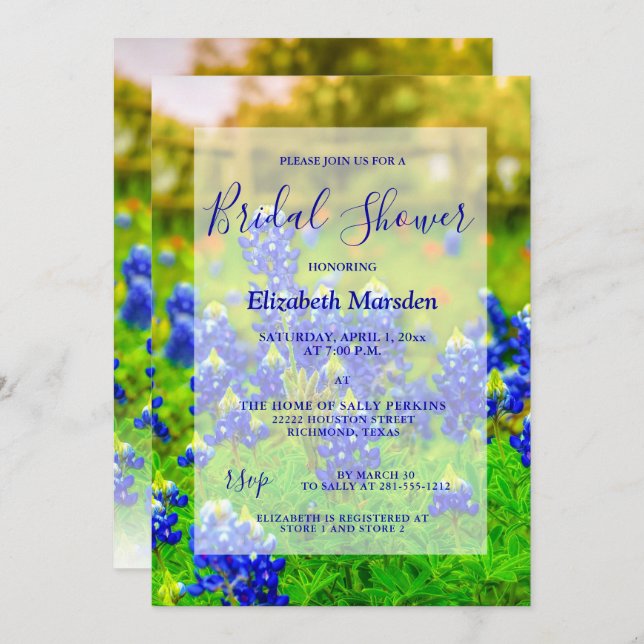 Elegant Bluebonnets Floral Photo Bridal Shower Invitation (Front/Back)