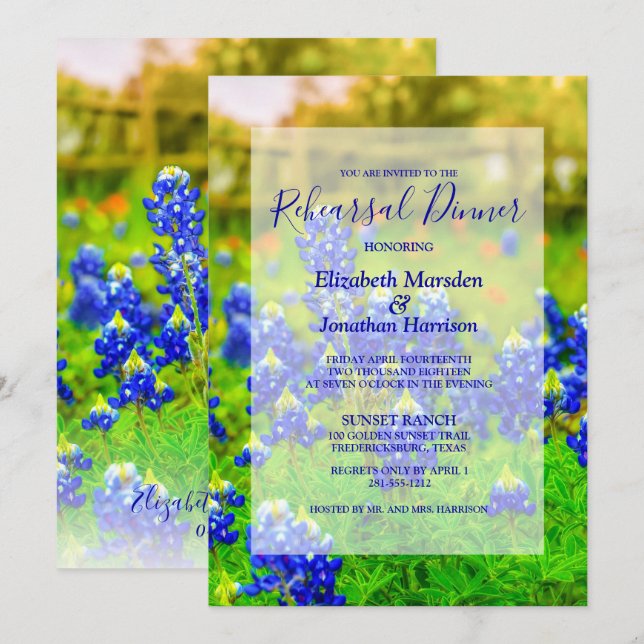 Elegant Bluebonnets Floral Photo Rehearsal Dinner Invitation (Front/Back)