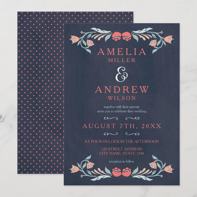 Elegant Bluish Chalkboard Floral Wedding Invitation (Front/Back)