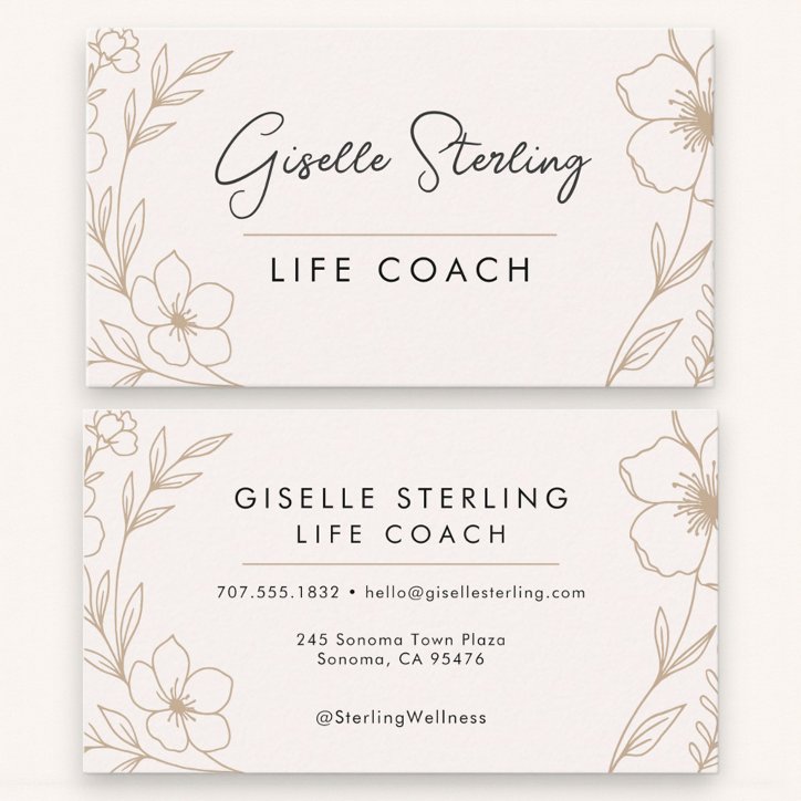 Elegant Blush And Black Botanical Life Coach Business Card